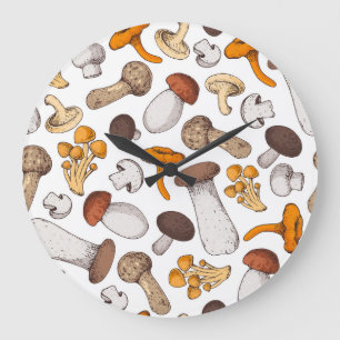 Hand-drawn mushrooms: food background. large clock