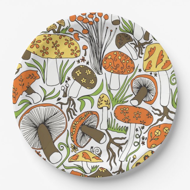 Hand-drawn Mushrooms Paper Plate (Front)