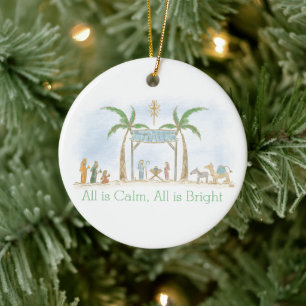Hand Drawn Nativity Scene All is Calm Saying Ceramic Ornament