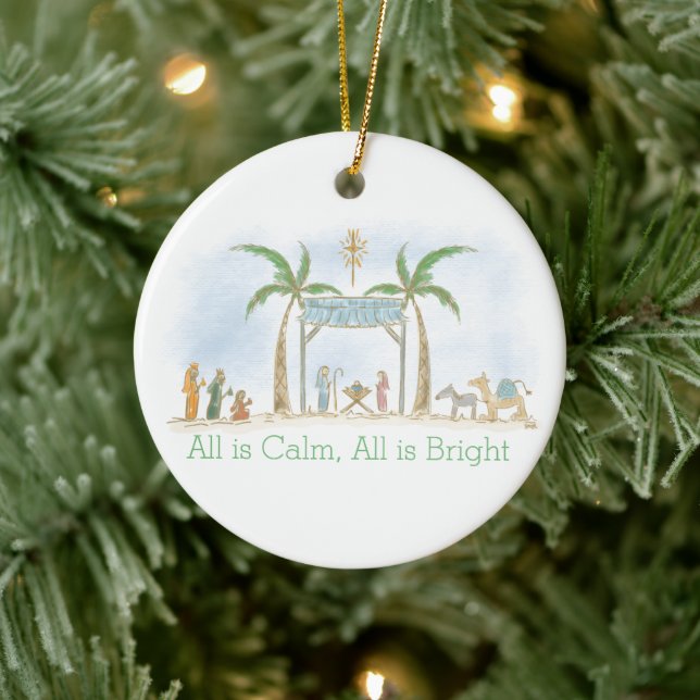 Hand Drawn Nativity Scene All is Calm Saying Ceramic Ornament (Tree)