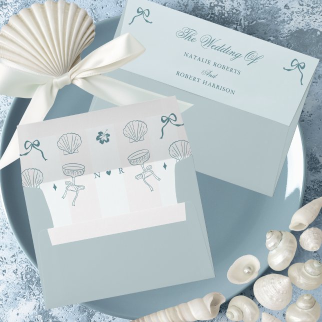 Hand drawn nautical blue shell coastal wedding envelope (Creator Uploaded)