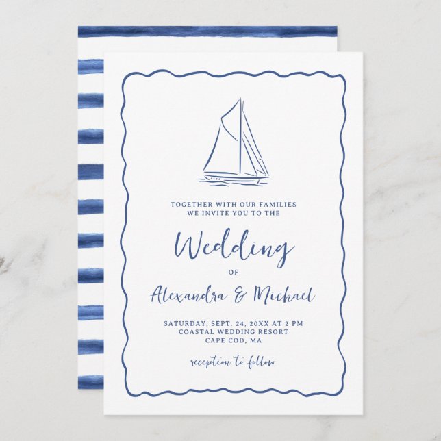 Hand Drawn Nautical Sailboat Navy Blue Wedding Invitation (Front/Back)