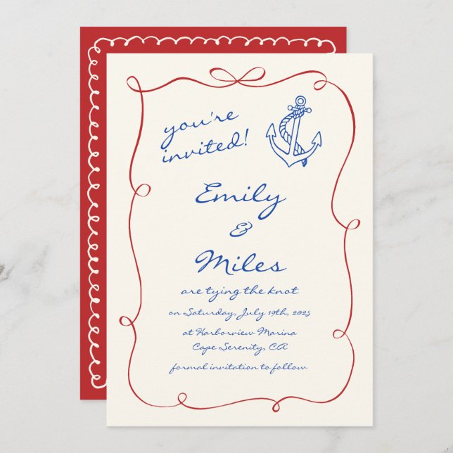 Hand Drawn Nautical Wedding Save The Date Invitation (Front/Back)