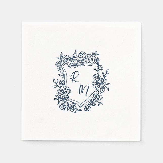Hand Drawn Navy Blue Floral Crest Monogram Wedding Napkin (Front)