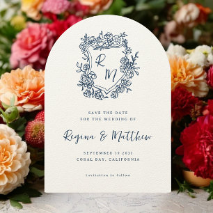 Hand Drawn Navy Blue Floral Crest Monogram Wedding Save The Date