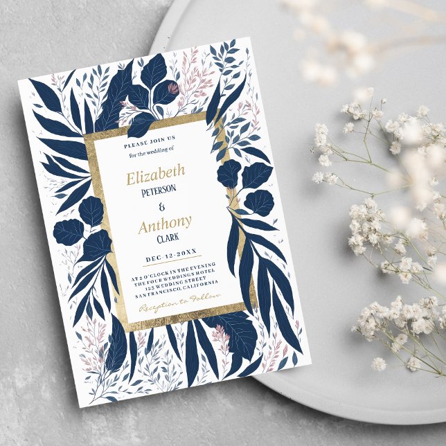 Hand drawn navy blue pink summer floral Wedding Invitation (Hand drawn navy blue pink summer floral Wedding )