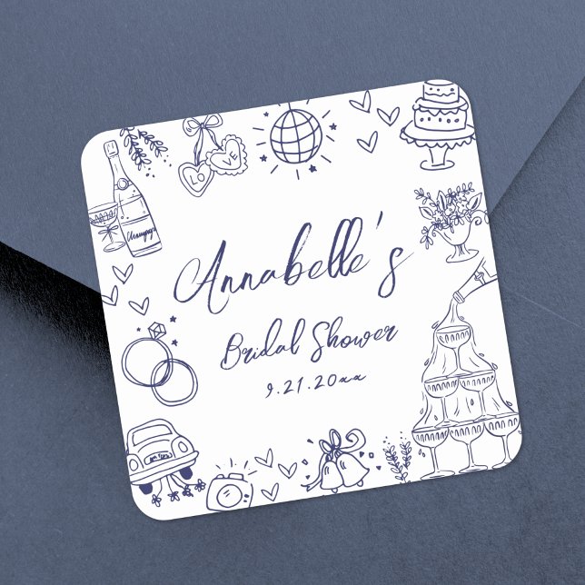 Hand Drawn Navy Blue Whimsical Bridal Shower Square Sticker (Hand Drawn Navy Blue Whimsical Bridal Shower Square Sticker)