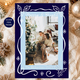 Hand Drawn Navy Merry & Bright Photo Christmas Foil Holiday Card