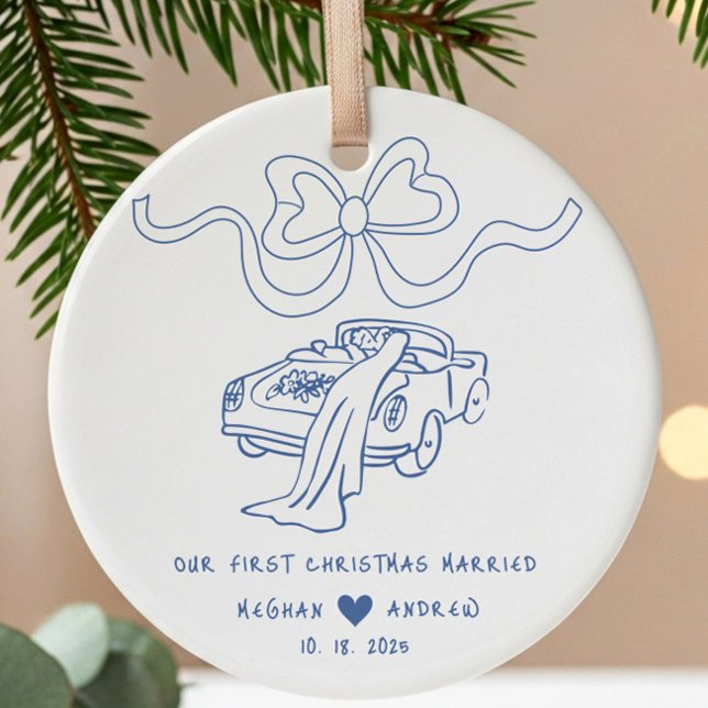 Hand Drawn Newlywed Christmas Ceramic Ornament (Creator Uploaded)