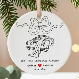 Hand Drawn Newlywed Christmas Ceramic Ornament