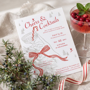 Hand Drawn Nordic Christmas Cocktail Party Red Bow Invitation