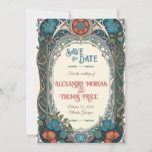Hand Drawn Nouveau Floral Save the Date Card 