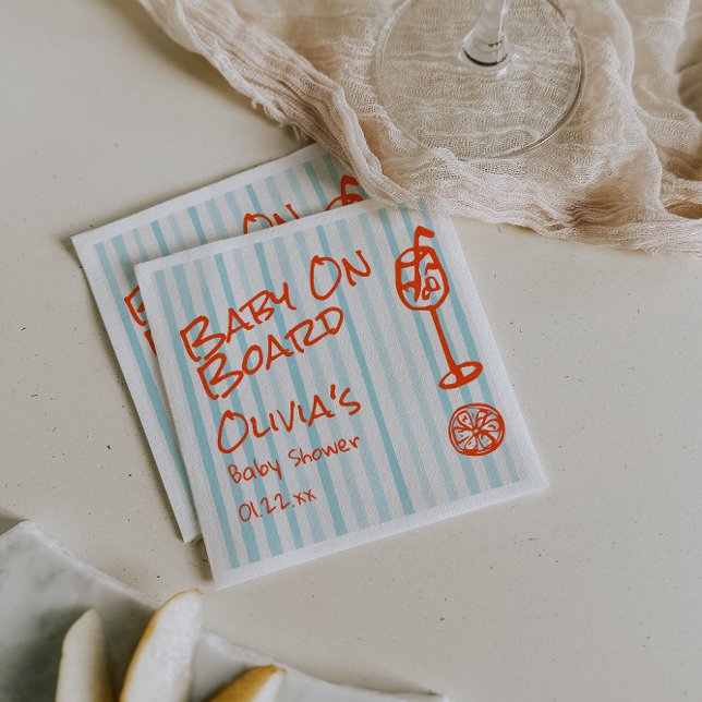 Hand Drawn Orange Blue Baby On Board Baby Shower Napkin (Creator Uploaded)