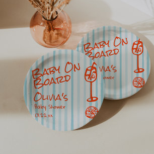 Hand Drawn Orange Blue Baby On Board Baby Shower Paper Plate