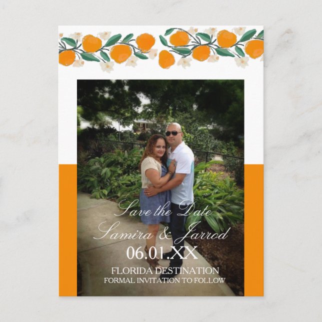 Hand-Drawn Orange Botanical Save the Dates Postcard (Front)