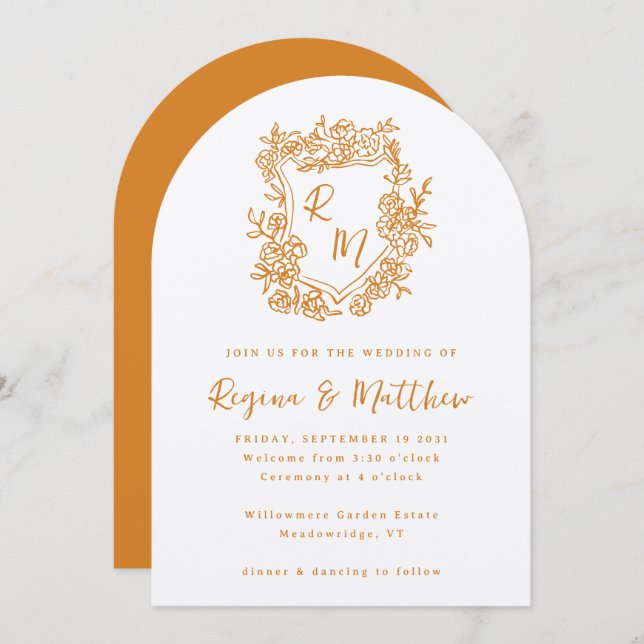 Hand Drawn Orange Floral Crest Monogram Wedding Invitation (Front/Back)