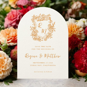 Hand Drawn Orange Floral Crest Monogram Wedding Save The Date