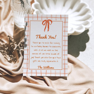 Hand Drawn Orange Gingham Bow Neutral Baby Shower  Thank You Card