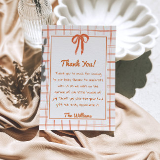 Hand Drawn Orange Gingham Bow Neutral Baby Shower Thank You Card
