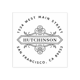 Hand-drawn Ornate Family Name Round Return Address Rubber Stamp