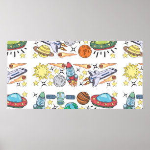 Hand-drawn Outer Space Doodles. Vintage Poster