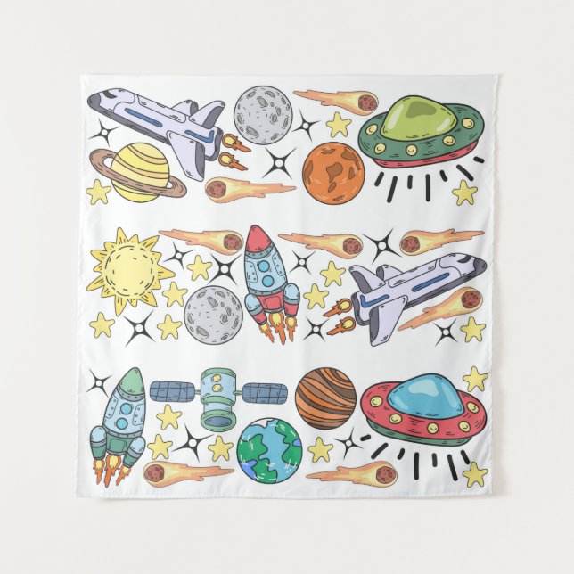 Hand-drawn Outer Space Doodles. Vintage Tapestry (Front)