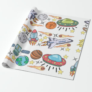 Hand-drawn Outer Space Doodles. Vintage Wrapping Paper