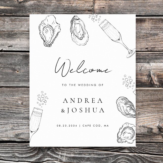 Hand Drawn Oysters Champagne Script Welcome Sign (Creator Uploaded)