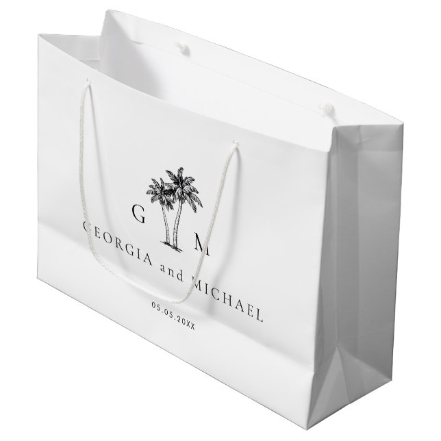 Hand Drawn Palm Tree Monogram Destination Wedding Large Gift Bag (Front Angled)