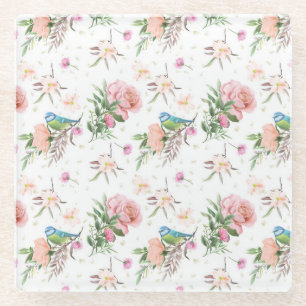 Hand Drawn Pastel Pink & Peach Flowers & Song Bird Glass Coaster