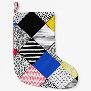 Hand Drawn Patchwork Background. Childish textured Small Christmas Stocking