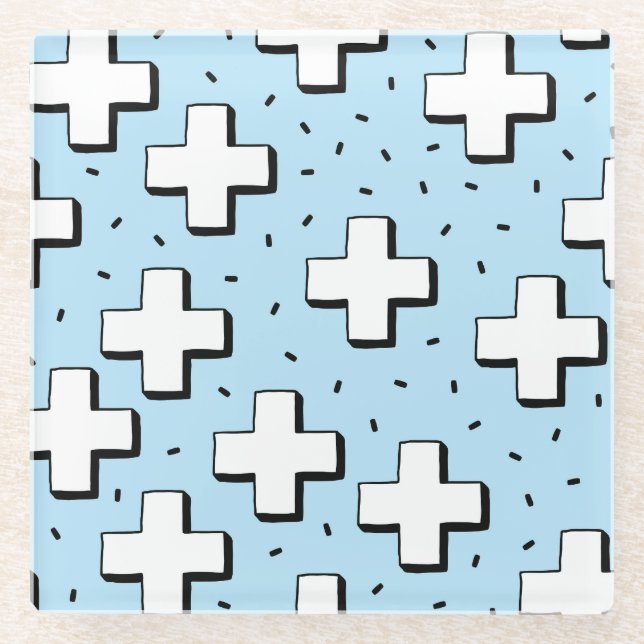 Hand-Drawn Pattern with Plus Signs. Glass Coaster (Front)