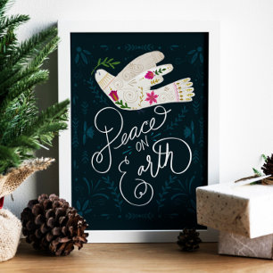 Hand-Drawn "Peace on Earth" Dove Folk Art Poster