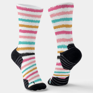 Hand-Drawn Peach Pink Teal Stripe Socks