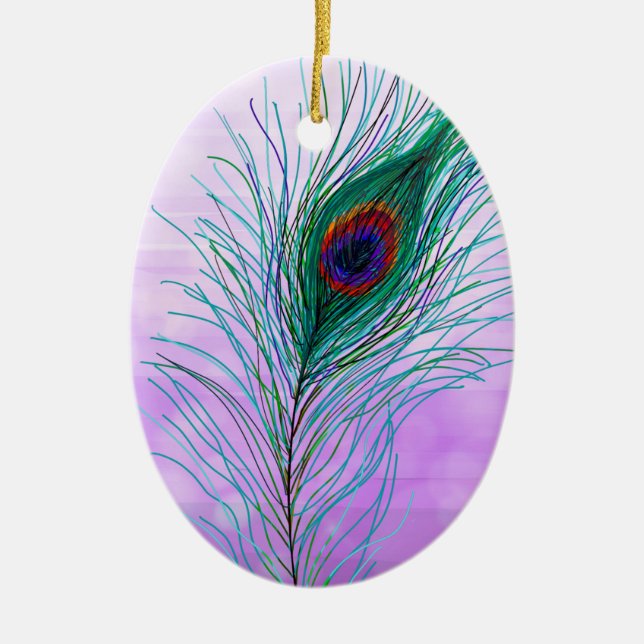 Hand drawn Peacock Feathers Personalised  Ceramic Ornament (Front)
