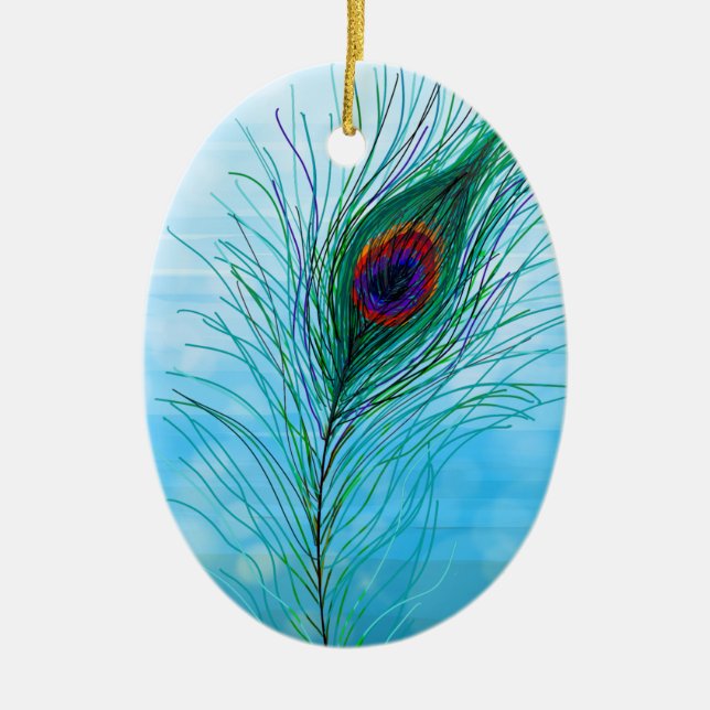 Hand drawn Peacock Feathers Personalised  Ceramic Ornament (Front)