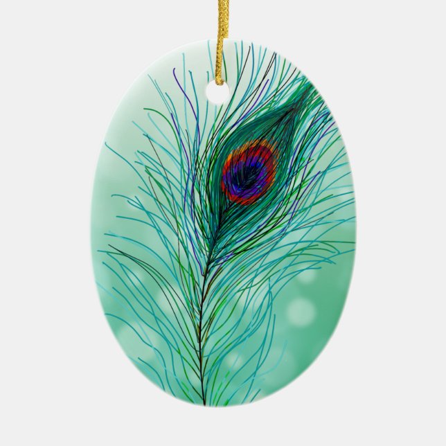 Hand drawn Peacock Feathers Personalised   Ceramic Ornament (Front)