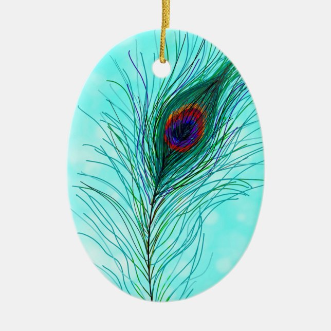 Hand drawn Peacock Feathers Personalised   Ceramic Ornament (Front)