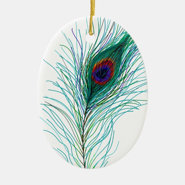 Hand drawn Peacock Feathers Personalised Christmas Ceramic Ornament (Front)
