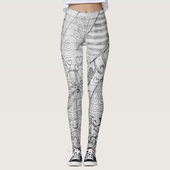 Hand Drawn Pencil Doodle Art on Lined Paper Leggings (Front)