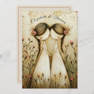 Hand Drawn Pencil Illustration Two Brides Wedding Invitation