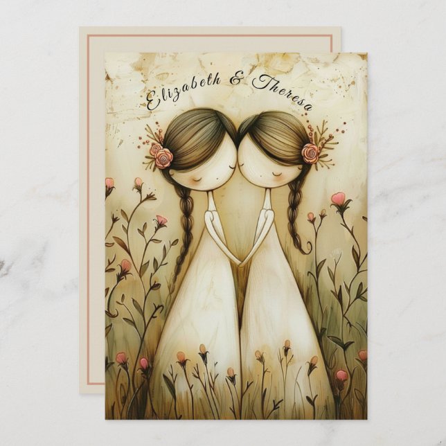 Hand Drawn Pencil Illustration Two Brides Wedding Invitation (Front/Back)