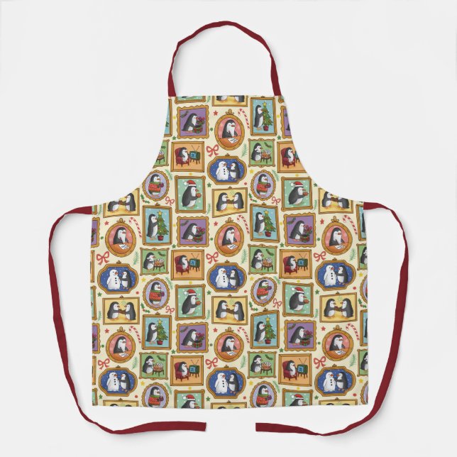Hand Drawn Penguin Christmas Pattern Apron (Front)