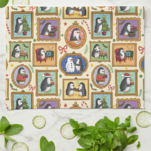 Hand Drawn Penguin Christmas Pattern Kitchen Towel