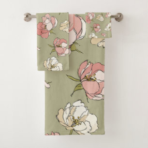 Hand-Drawn Peony Pattern Bath Towel Set