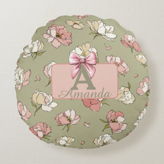 Hand-Drawn Peony Pattern Round Pillow (Front)