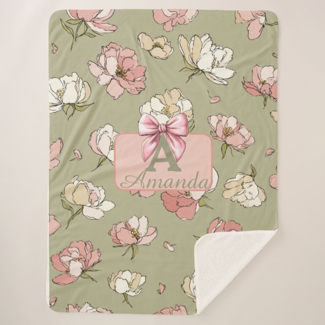 Hand-Drawn Peony Pattern Sherpa Blanket (Front)