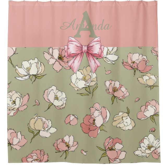 Hand-Drawn Peony Pattern Shower Curtain (Front)