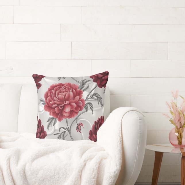 Hand-Drawn Peony Throw Pillow Cover Elegant Crimso (Couch)