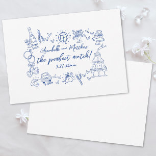 Hand Drawn Perfect Match Blue Whimsical Wedding Invitation